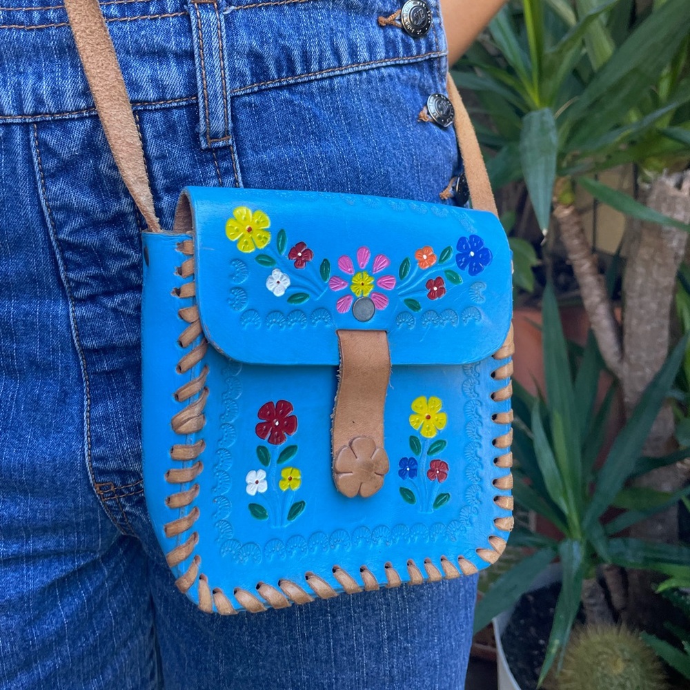 Tool made and hand painted blue leather crossbody bag